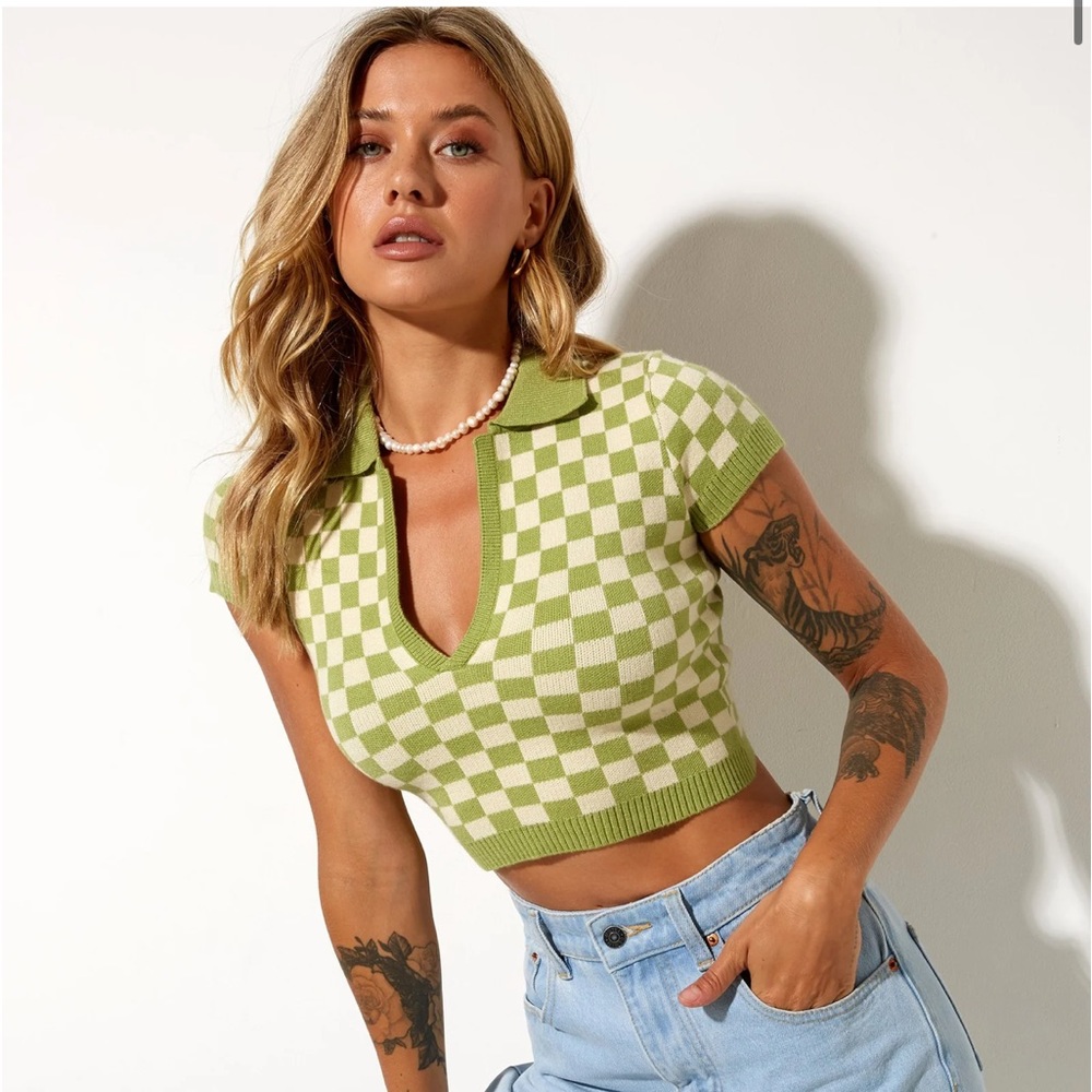 Motel rocks TAMMA CROP TOP IN CROCHET CHECKERBOARD GREEN AND CREAM